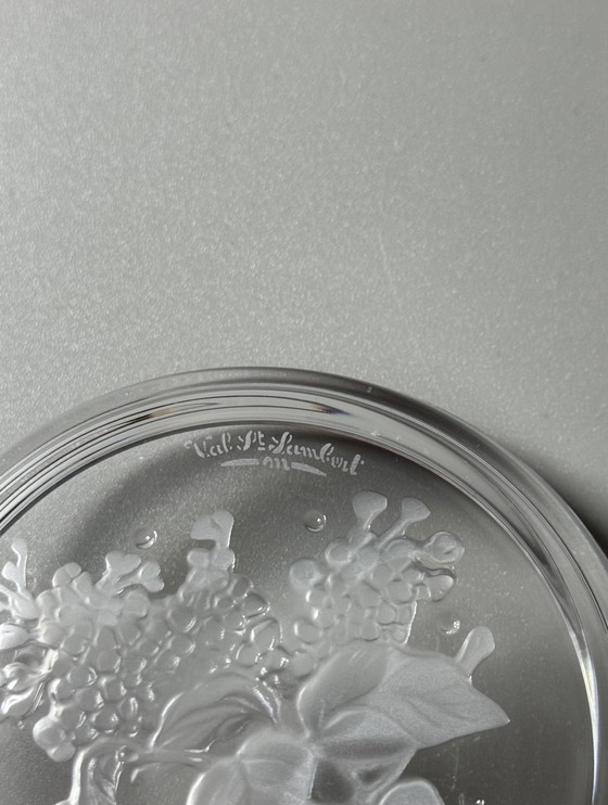 Image 1 of Coffret de 6 sous-verres en cristal Val Saint Lambert « Fleurs » – Motifs floraux – Style années 1950 – En boîte