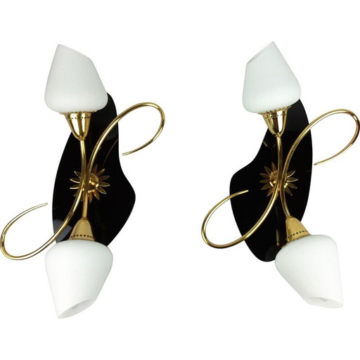 Par de apliques vintage Arlus, opalina negra y latón, 1960