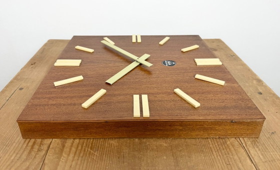 Image 1 of Vintage Brown Wooden Wall Clock from Pragotron, 1980s