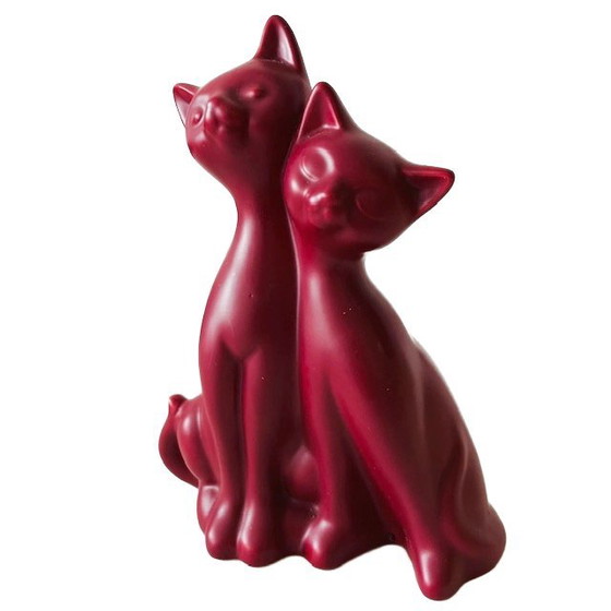 Image 1 of Vintage figurine Cat with Kitten pink red 1980's