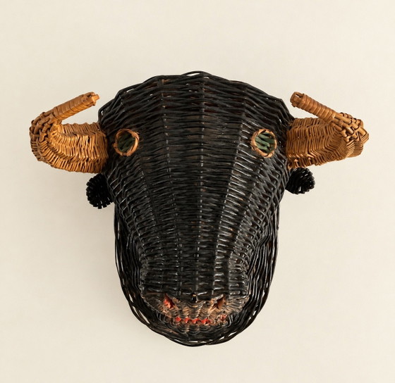 Rare French Polychrome Wicker Bull / Minotaur Wall Sculpture, 1950s – Rattan (photo 9 of 10)