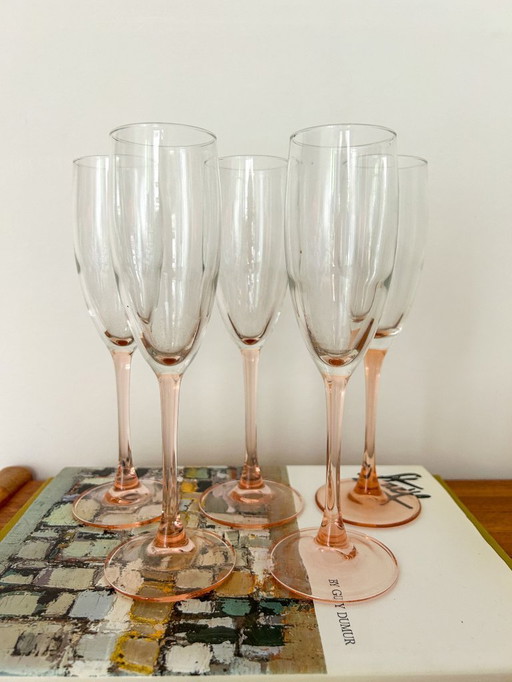 5 bicchieri da champagne vintage Luminarc France con base rosa