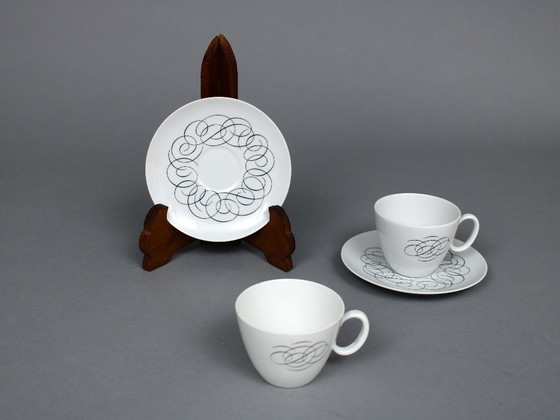 Image 1 of Raymond Loewy (1883-1986) set of 4 tea cups and saucers, Rosenthal Continental China, Script decor