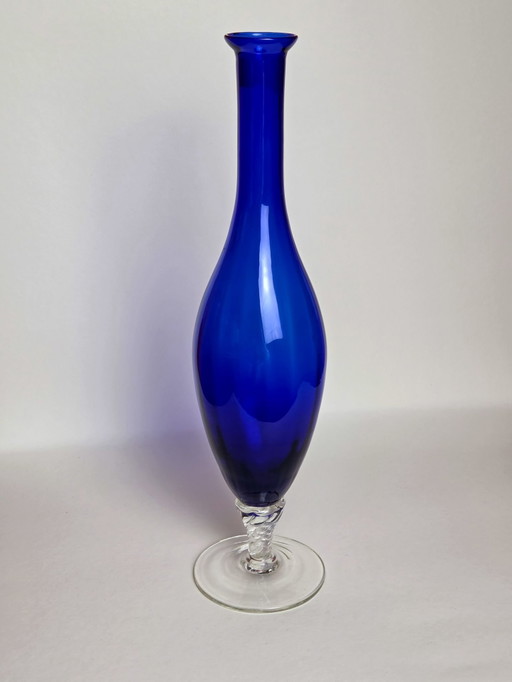 Vintage Kobaltblauw Kunstglas Vaas met Heldere Gedraaide Stengel Voetstuk – Cristallo Al Piombo Stijl