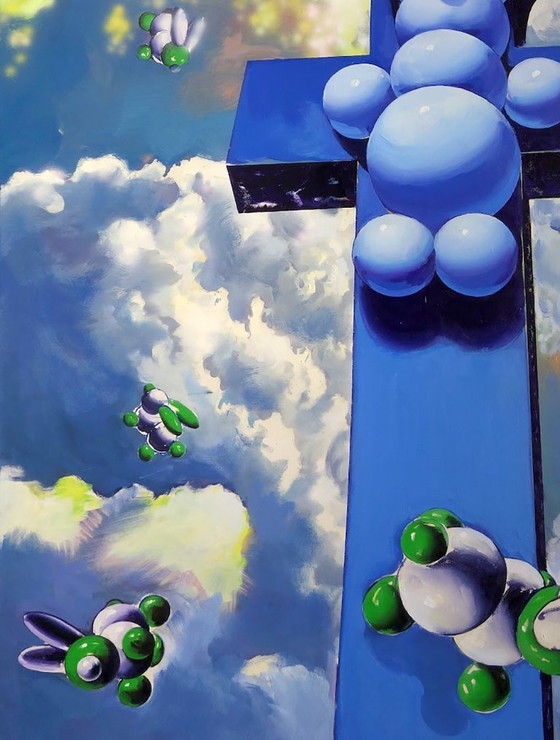 Peinture à l'Huile Originale Symbolisme Pop Art Informateur, Peintures et dessins, Toile, Bleu (photo 6 sur 7)