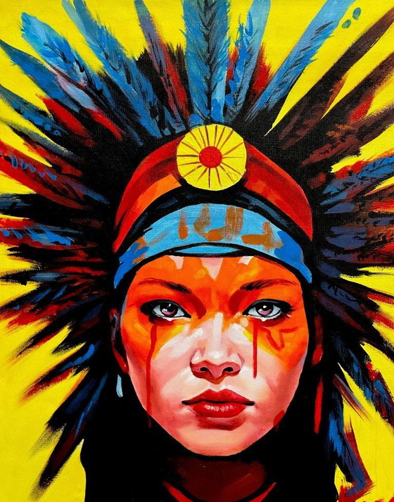 Image 1 of Alberto Ricardo - Unique Indian Face - Artist's Canvas Under Glass