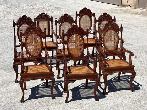Set of 6 turned and carved wood medallion armchairs, late 19th century