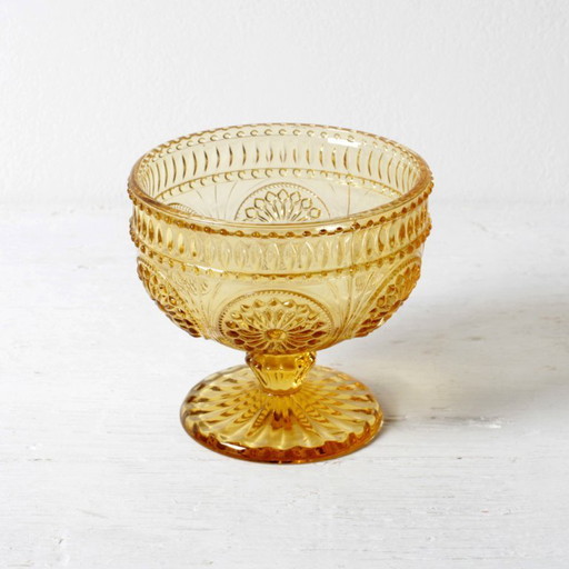 Godinger Schale aus gepresstem Glas in Bernstein-Honigfarbe auf Sockel – Vintage USA 2000er Jahre