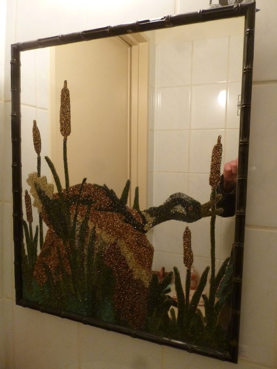 Image 1 of 80s Vintage ' Eend ' bamboe spiegel 