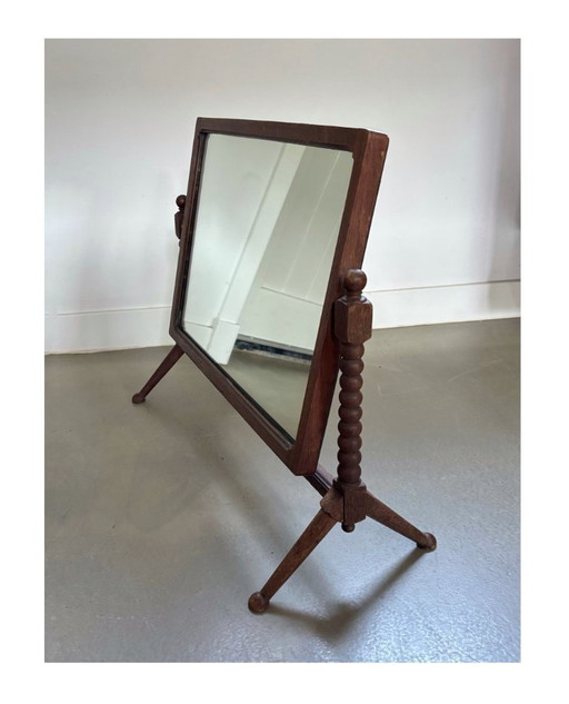 Antique wooden table mirror, bobbin details, 1st quarter 20h century