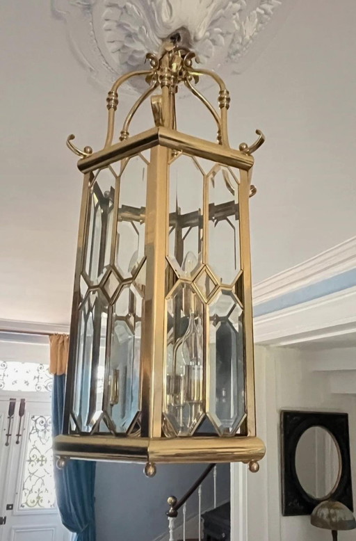 Hanglamp Lustre Française en Verre Biseauté et Laiton Poli