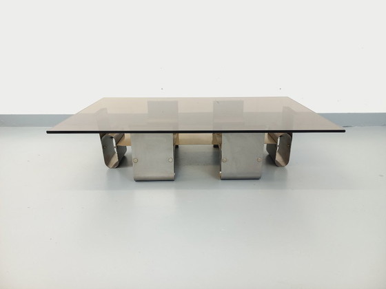 Image 1 of Large rectangular coffee table by François Monnet, vintage Space Age style, in steel and smoked glass from the 1970s