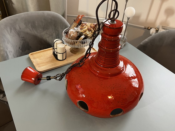 Image 1 of Suspension rouge en céramique émaillée style années 70, style FAT Era