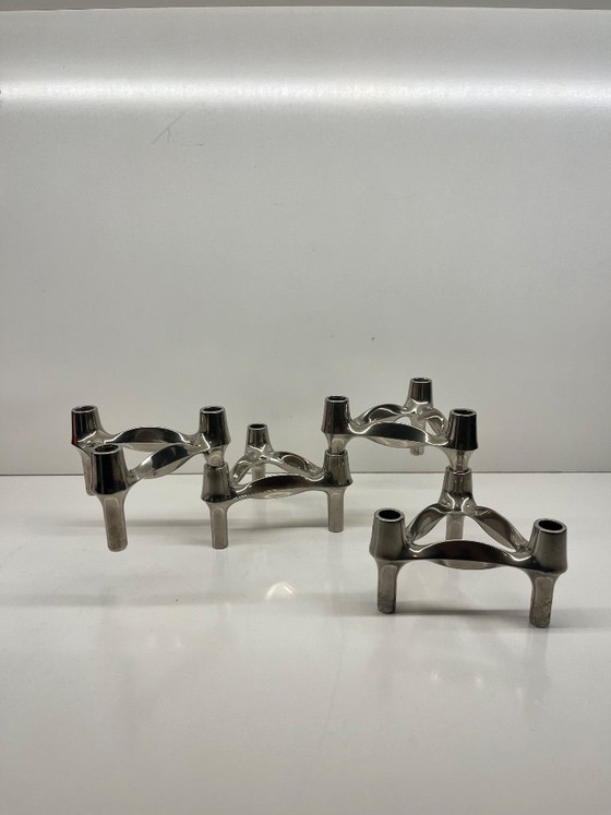 Image 1 of Set of 4 Stoff Nagel BMF candlesticks, modular vintage Scandinavian design, chrome