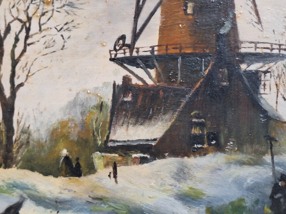 Image 1 of Wintertafereel olieverfschilderij op paneel 