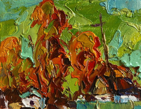 Image 1 of Original Oil Painting Autumn Village Landscape Autumn day in the village