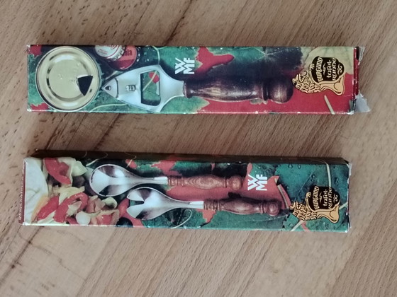 Image 1 of WMF Burgundy saladebestek en flesopener/doppenopener, retro, vintage, houten handvatten