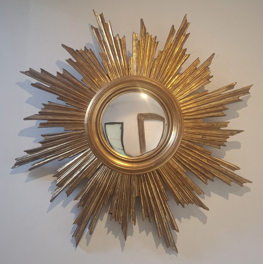 70cm wooden sunburst mirror, 1970s Deknudt. 17cm convex glass