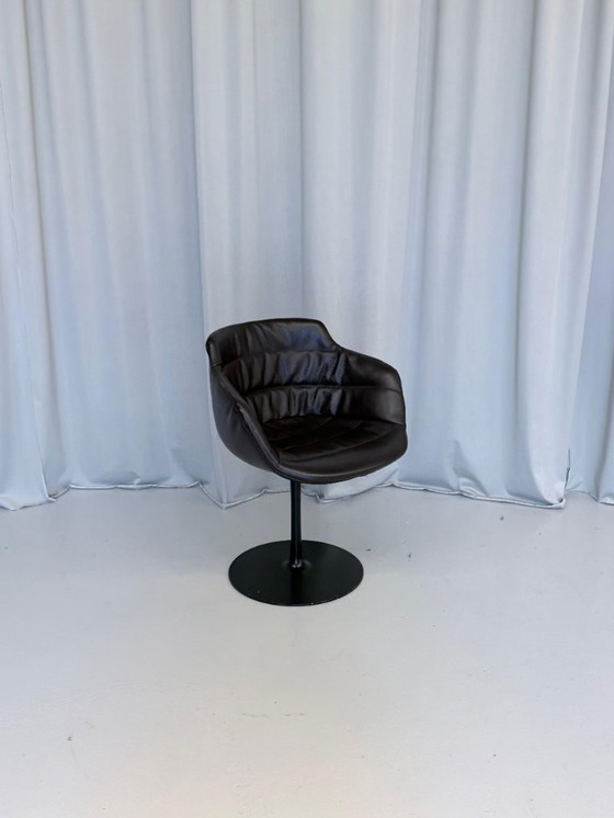 Image 1 of Vintage Brown Leather Swivel Cocktail Chairs, Italy 1980’s Set Of 2