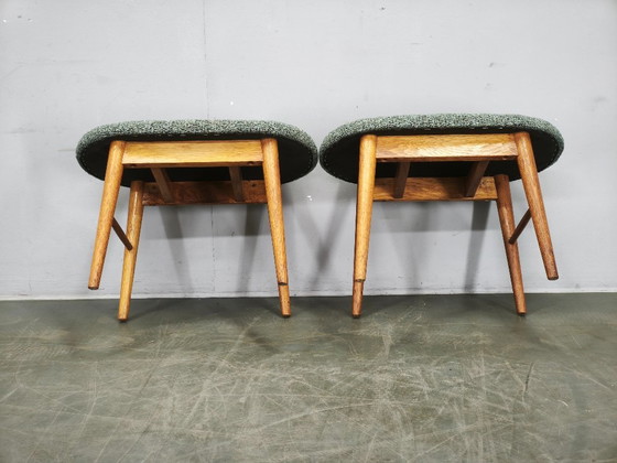 Pair of Mid-Century Modern Oak Stools, Newly Upholstered, 1960s, Textile, Wood, Green, Mid Century Modern (photo 2 of 8)