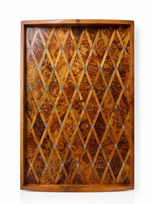 Bandeja grande con incrustaciones de madera de tuya limonera, artesanía marroquí de los años 80-90.