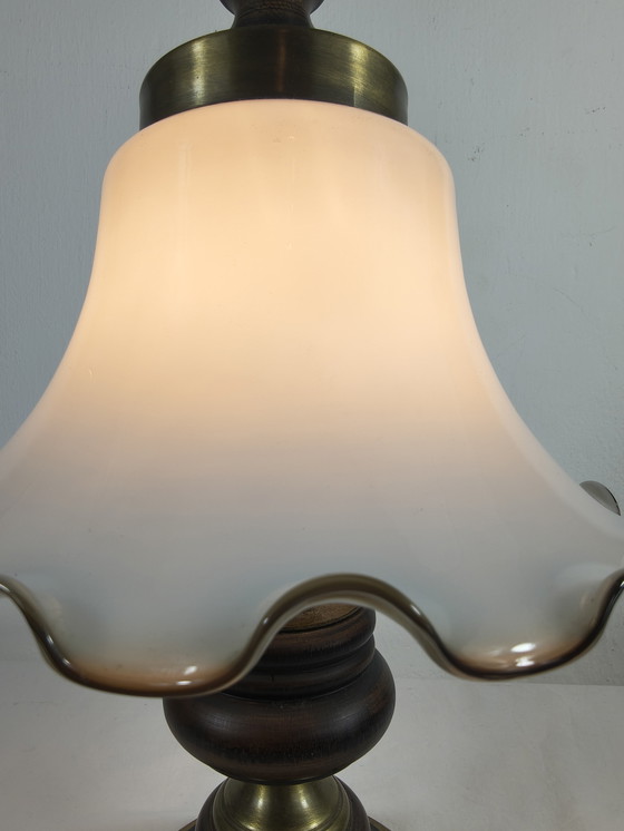 Image 1 of Vintage brass wood table lamp with opaline glass shade – classic / country style