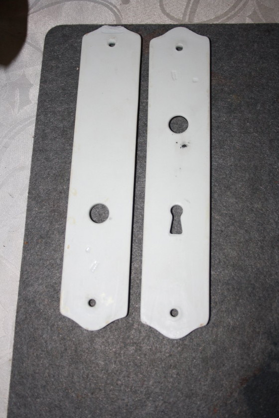 Image 1 of             Antique porcelain door fittings with floral pattern - 25 cm long