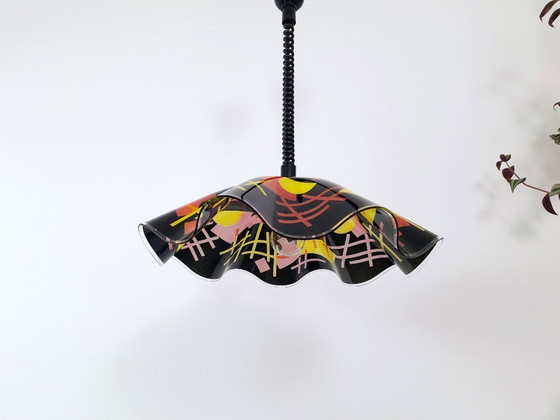 Image 1 of Vintage 1980s Memphis Design Pendant Light / Postmodern Geometric Pull Down Lamp / Roly Poly Spiral Cable Chandelier / Retro Era