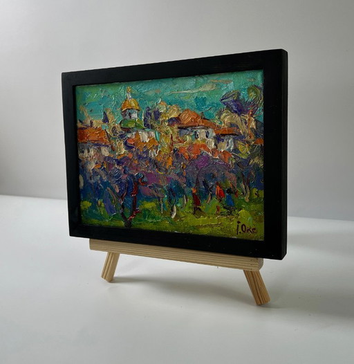 Original Oil Painting Autumn Village Landscape Morning Sound of Bells – schilderijen tekeningen, Canvas (photo 2 of 8)