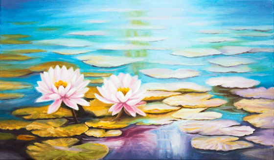 Image 1 of Cuadro de nenúfares pintado al óleo firmado por el autor. Nenúfares al óleo sobre lienzo. Flores acuáticas pintadas a mano.