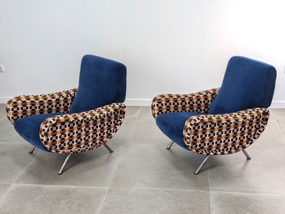 Image 1 of Paire de fauteuils Lady en velours bleu Hermès, Marco Zanuso, Italie, années 1950