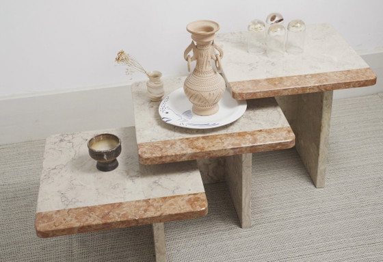 Image 1 of  Vintage Marble Nesting Tables Set of 3, Square Side Tables, Postmodern Solid Fossil Marble Stone Coffee Tables, Modern Accent F