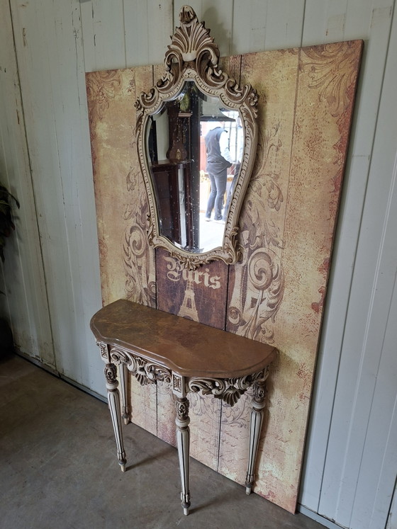 Image 1 of Antieke barok wandconsole, sidetable. haltafel met spiegel afm: 87x34m en 76cm hoog.

afm. spiegel 55x95cm 