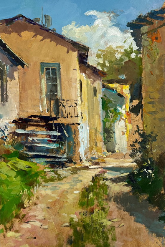 Image 1 of Origineel olieverfschilderij: Zomers straatlandschap, stadstuin in de zomer