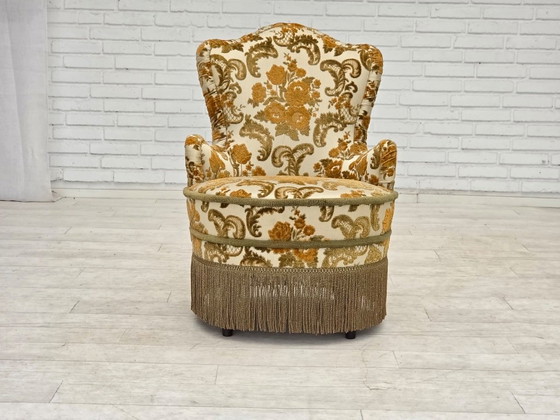 Années 1970, paire de 2 petits fauteuils danois, tissu d'ameublement marron/beige. – Textile (photo 6 of 15)