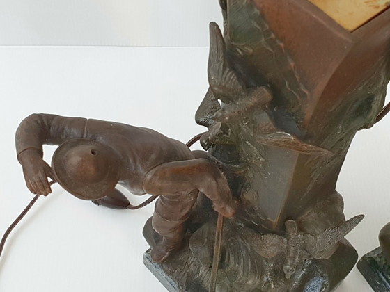 Image 1 of Een paar art-deco visserslampen, jaren 1940, vintage, metaal en marmer, jaren 1930-1940