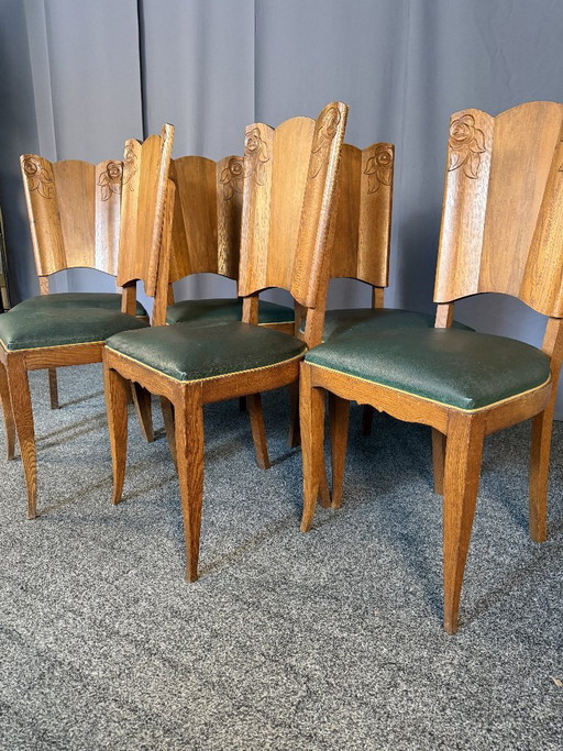 6 Art Deco stoelen - eikenhout - gerestaureerd - groen leer – eetkamerstoelen, Wood