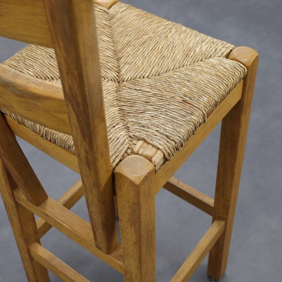 Image 1 of Set of 4 Bar Stools in Solid Oak and Rattan, 1970s