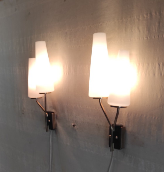 Image 1 of Asymmetrical double wall sconces in brass, metal and opaline glass - mid-20th century