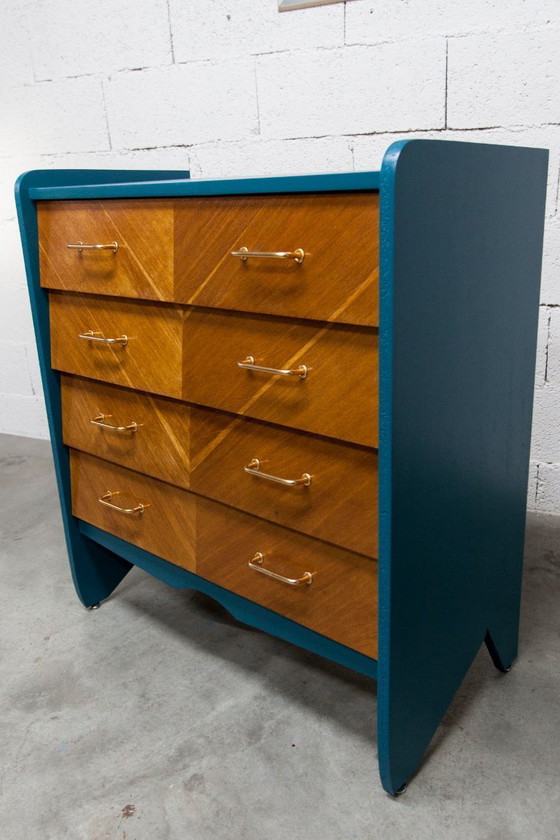 Image 1 of Commode scandinave 1960 atypique bleu Ainhoa Satiné 4 tiroirs