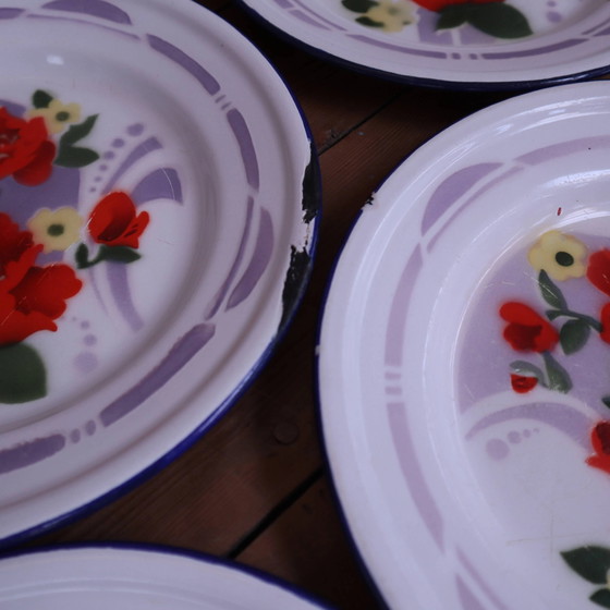 7 bedruckte florale Emaille-Teller "bon voyage" Made in China – Geschirr, Vintage (photo 6 of 12)