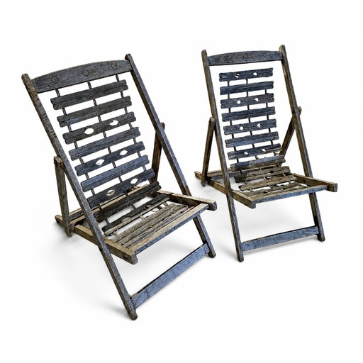 2 x chaises longues coloniales en bois massif pliables et lourdes / chaises longues / années 1960