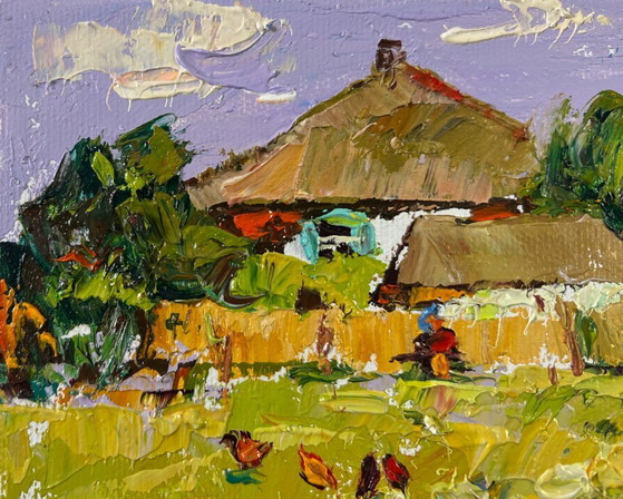 Image 1 of Origineel olieverfschilderij: Zomerdorplandschap, ontspanning vlakbij huis