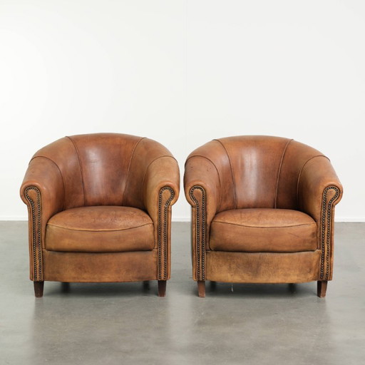 Robuste Set Vintage Schafsleder Club-Sessel mit schön gelebtem Aussehen und toller Ausstrahlung