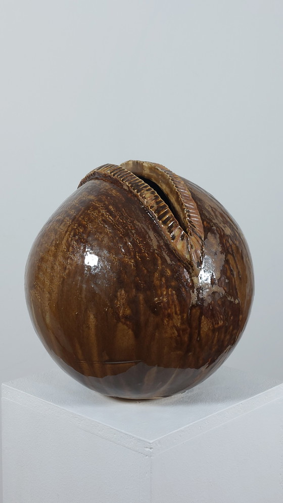 Image 1 of Vintage French brutalist ceramic spherical vase, unique piece