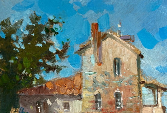 Image 1 of Original Oil Painting Village Bridge Landscape: The Bridge Leading to the City