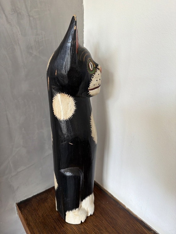 Image 1 of Vintage houten kat zwart wit 41cm