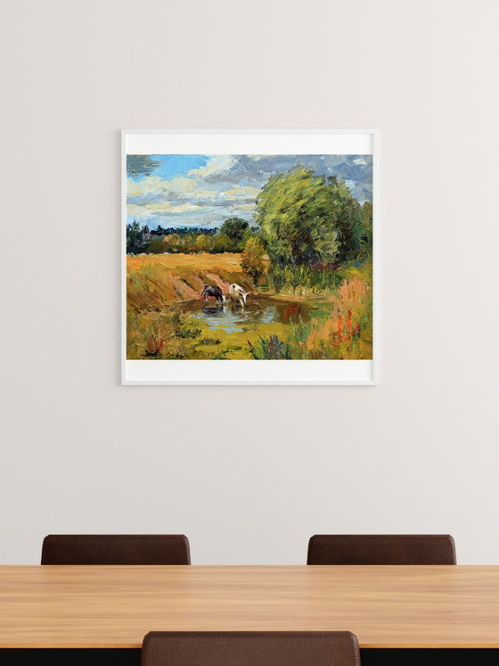 Peinture à l'huile originale Paysage naturel Campagne Pâturage Au point d'eau – Peintures et dessins, Canvas (photo 3 of 8)