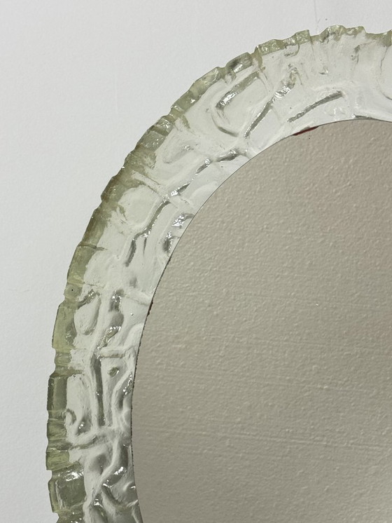 Image 1 of Large Mid-Century Backlit Sugar Glass Oval Mirror, Sculptural Illuminated Wall Mirror, Europe, 1960s–1970s