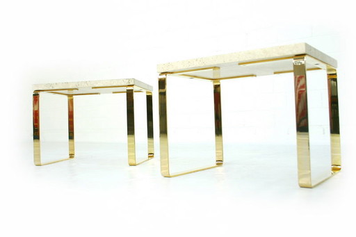 Draenert 1062 "Primus" Hollywood Regency Side Table / Table d'appoint, Travertin doré, 1 de 2